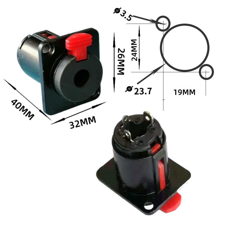 D-Shaped Parafuso Microfone Painel Fixo, Conector Botão Lock, Preto e Prata, 6,5 milímetros