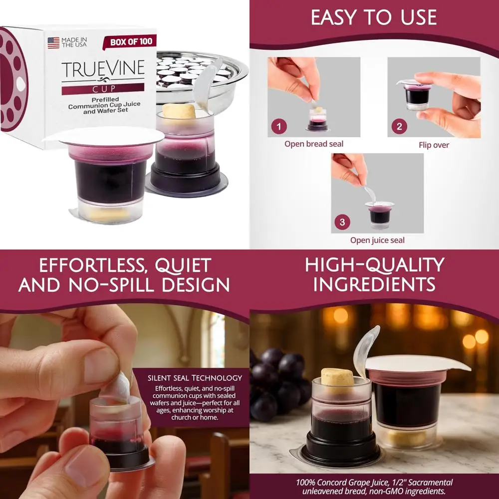 

Предварительно наполненные чашки для причастия с непрещенным хлебом и виноградным соком — свежие для церковных церемоний и религиозных мероприятий