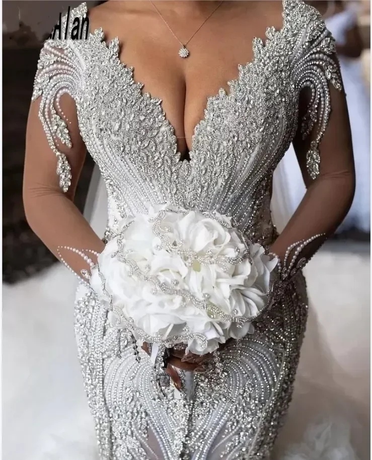 Customized Fashion Deep V Neck Illusion Long Sleeves Full Crystals Beading Wedding Dresses Cathedral Train Tiered Layers Bridal