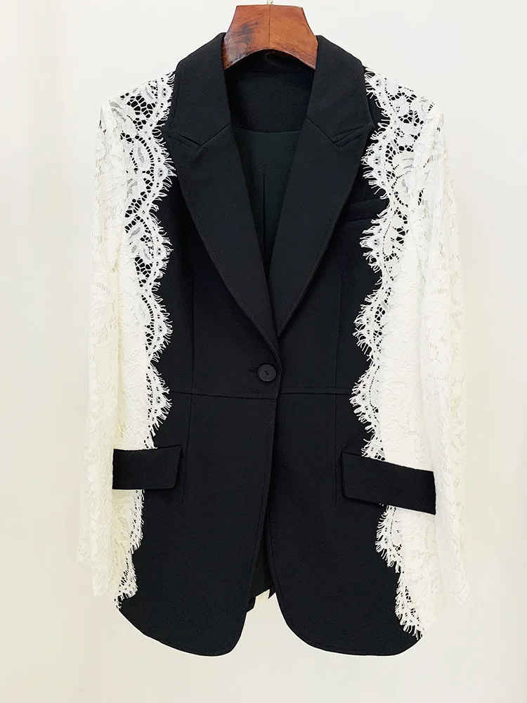 Black Blazers with Lace Sleeve for Women Weddings 2023 New Fashion Slim Fit One Button Lace Panel Sleeve Coat Suit Formal Blazer