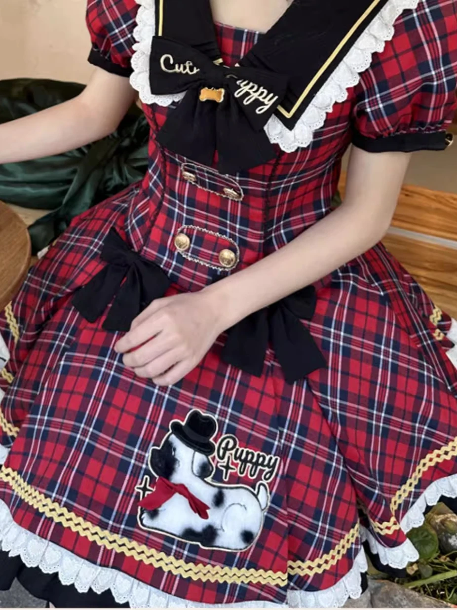 

Sweet Cute Plaid Lolita Summer Dress Cartoon Embroidery Navy Collar Puff Sleeves High Waist Slim Fit Ball Gown Dress for Women