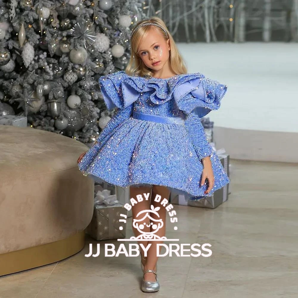 2025 New Blue Glitter Illusion Lush Girl Party Dresses