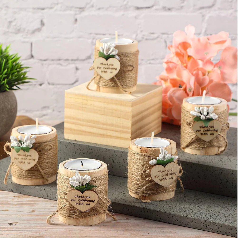 12 Pcs Set of Wooden Tealight Candle Holders Small Candlelight Candlestick Party Candle Favors Baby Shower Favors for Guests