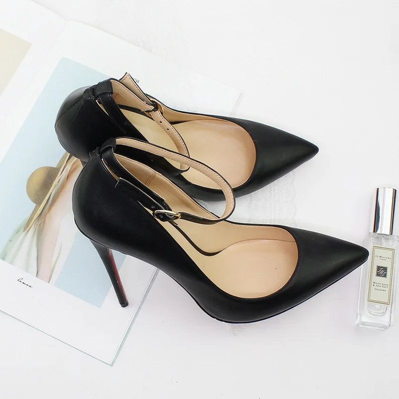 CACA Spring Sexy Women Pumps,Patent Leather Shallow Shoes,Ankle Buckle High Heels,12cm,Pointed Toe,Black,Custom Colors,Dropship