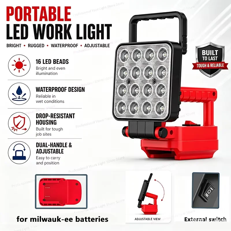 

LED Work Light for Milwaukee 18V Battery, 55/75/105/135W, 9000LM Cordless LED Lamp with 2 USB Charging Port
