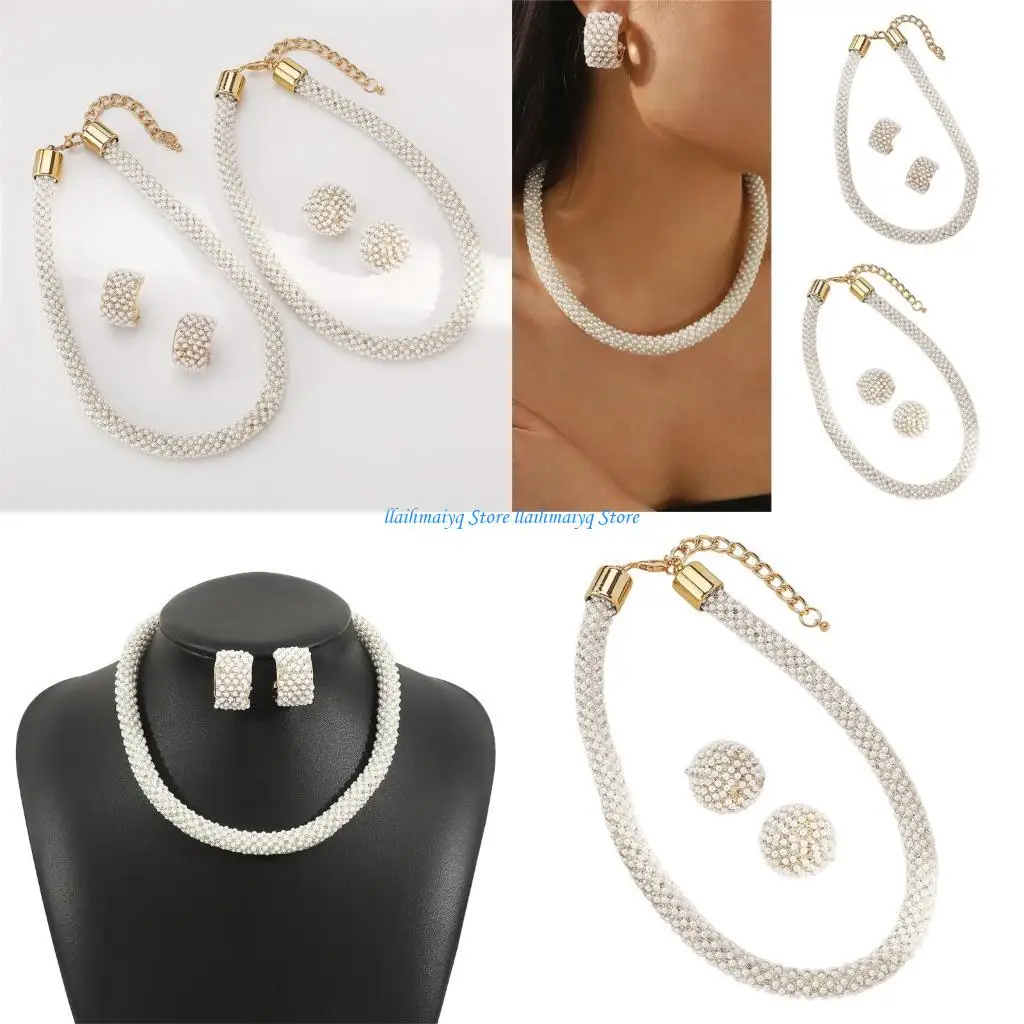 

573B Elegant Imitation Pearls Earrings And Necklace Set For Formal Event Wedding Parties Lightweight Comfortable Jewelry