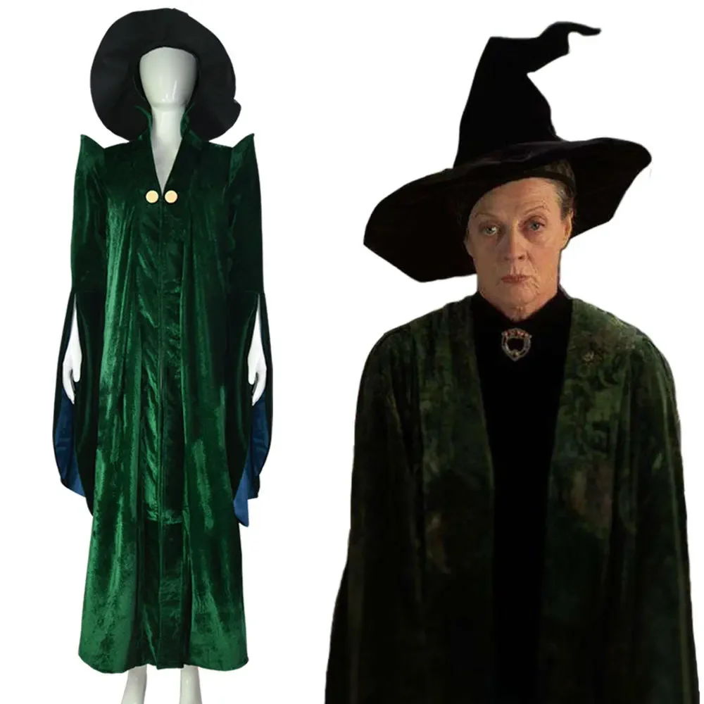 Child Adult Minerva McGonagall Professor Cosplay Costume Women Dress Principal Magic Wizard Robe Hat Suit Halloween Anime Party