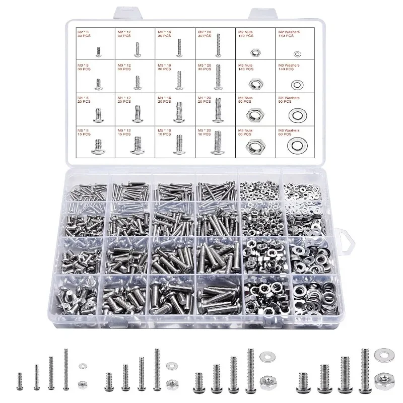 

1220PCS Stainless Steel Phillips Pan Head Nuts and Bolts M2 M3 M4 M5 Flat Washers Machine Screws Assortment Kit Fastener Tool