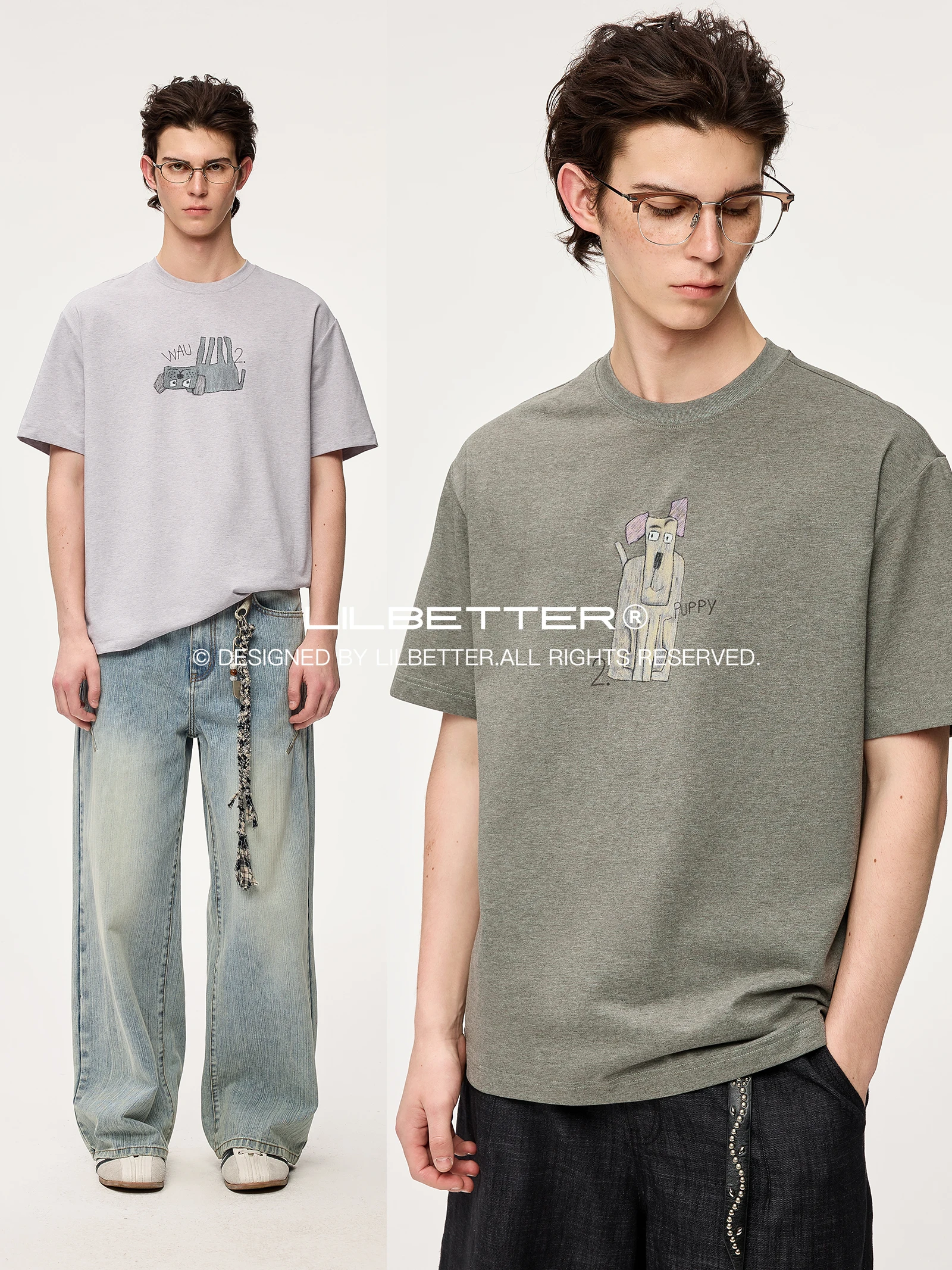 Lilbetter Original Illustration Fun Dog Print T-Shirt Summer Breathable Color Thread Loose round Neck Short Sleeve Men's Fash...