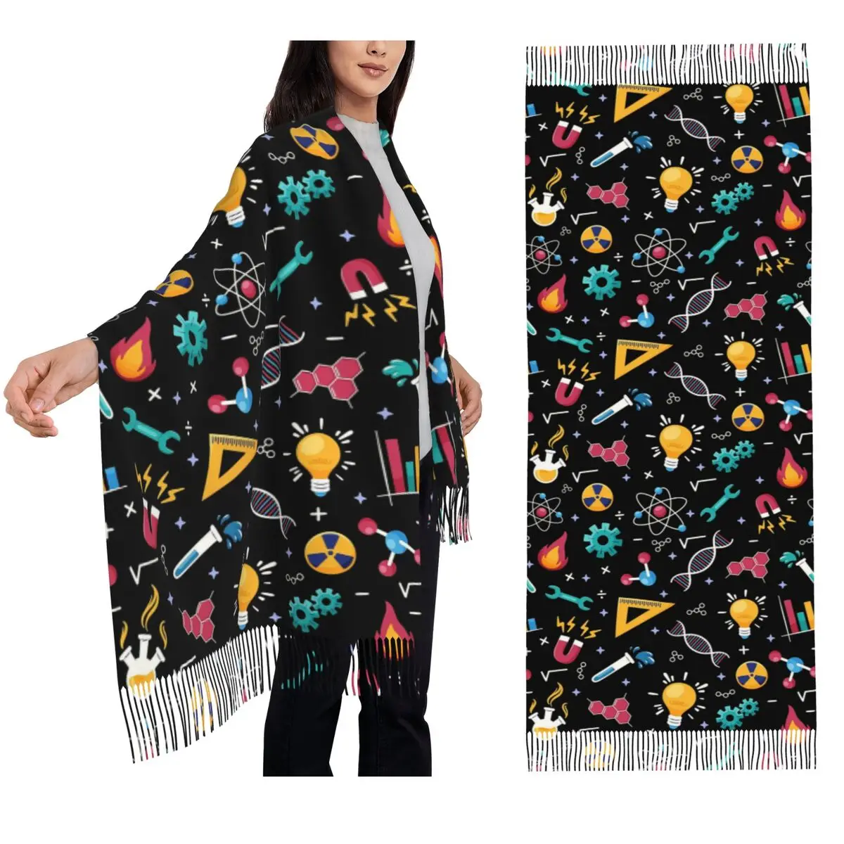 

STEM Icons Pattern Science Engineering Scarf Tassel Scarves for Women Soft Warm Shawls and Wraps Large Fall Winter Shawl Wrap
