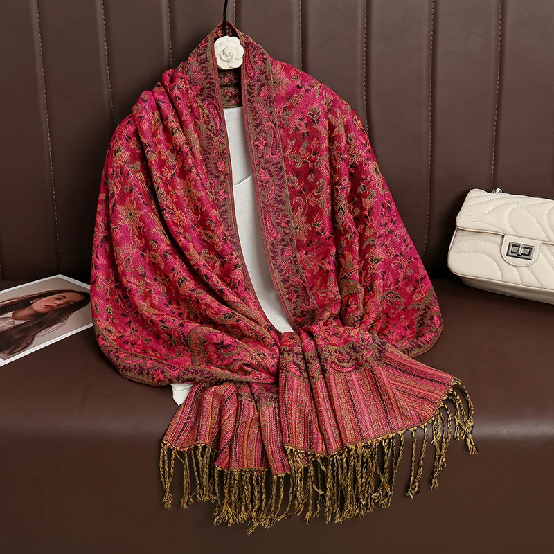 Paisley Pashmina Shawl Scarf Women Jacquard Cashew Printed Scarves Borders Female Tassel Travel Blanket Wraps Ethnic Shawls