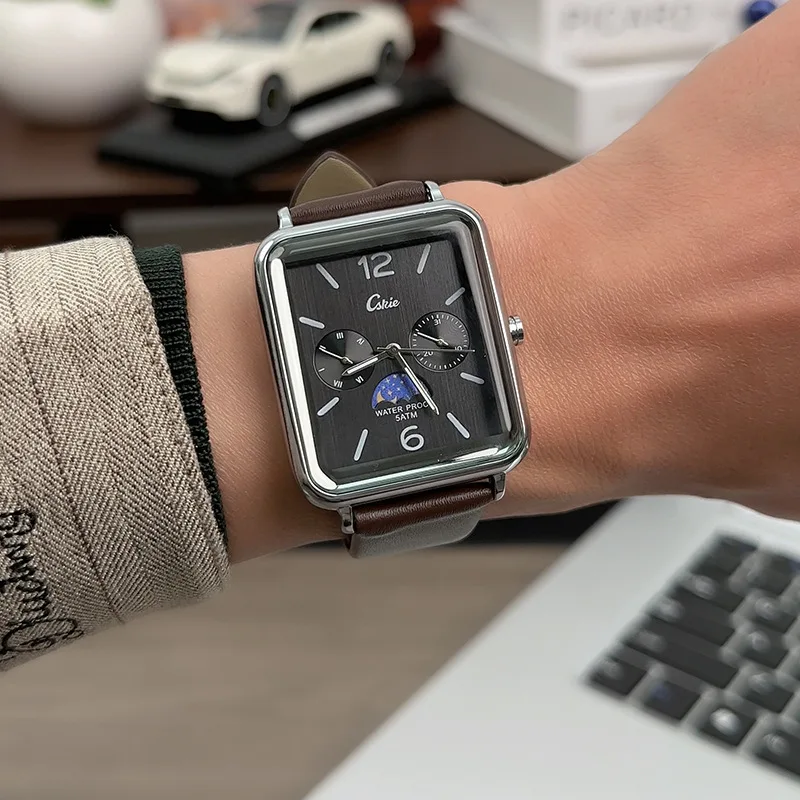 Small Squares Make Quartz Watch Moon Phase Series with 35mm Diameter and 10mm Thickness Stainless Steel Material Waterproof 50M