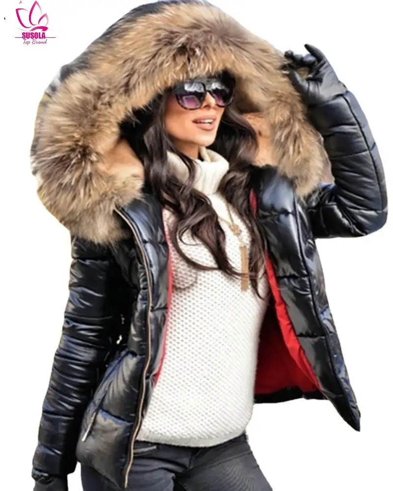 

Lady Artificial Raccoon Fur Collar Winter Jacket Women Winter and Autumn Wear High Quality Parkas Outwear Women Long Coats y2k