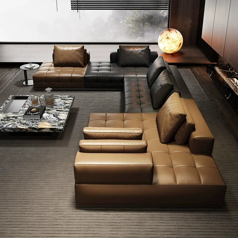 

combination villa living room light luxury, large flat straight row, first layer cowhide sofa