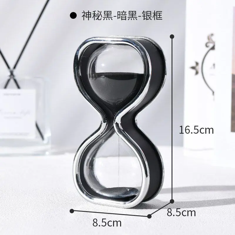 Mystery Black Sand Hourglass With Silver Frame 8 Shape Glass Timer 16.5cm Decorative Clock For Home Office Desk Decor Kids