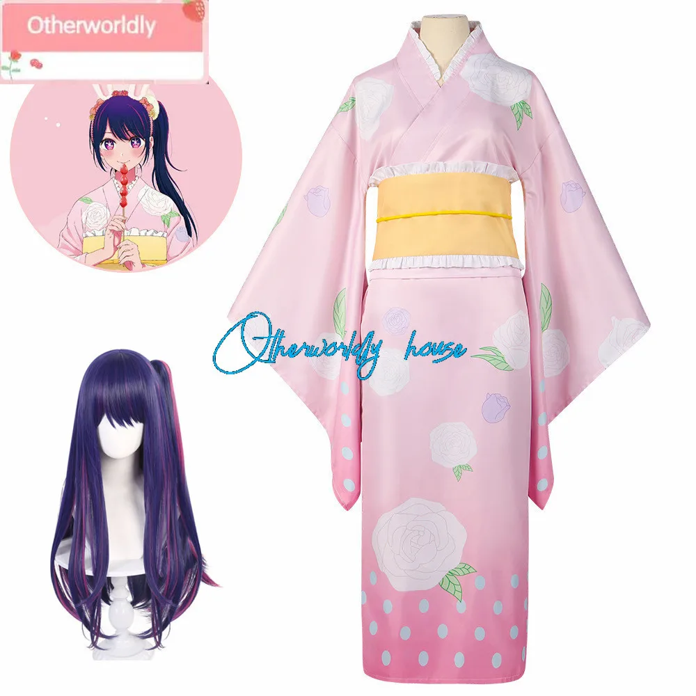 Anime Oshi No Ko Ai Hoshino Cosplay Costume Wig Kimono Pink Dress Outfit Bunny Headband Japanese Clothing Halloween Party Women