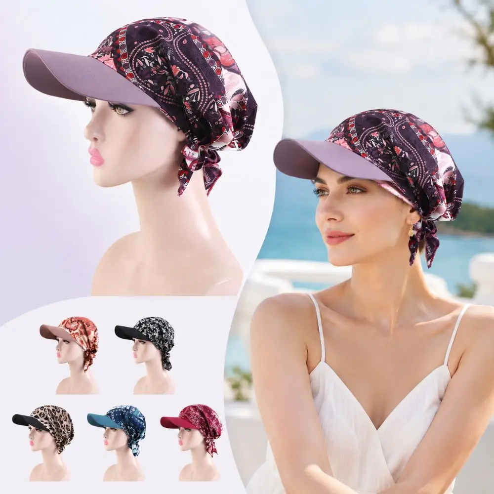 Breathable Headscarf with Brim Ethnic Prints Lightweight Headscarf Baseball Cap Lace-up Style Headscarf Sun Hat Summer Outdoor