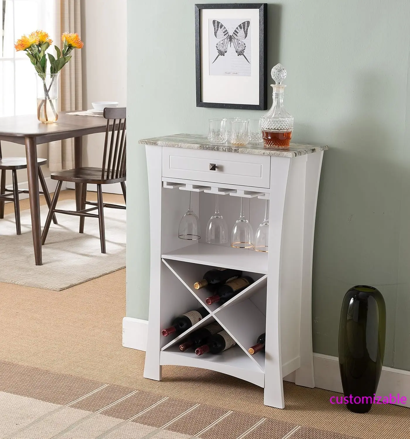

Bar Cabinet Wine Storage With Glass Holders & Drawer, White, White