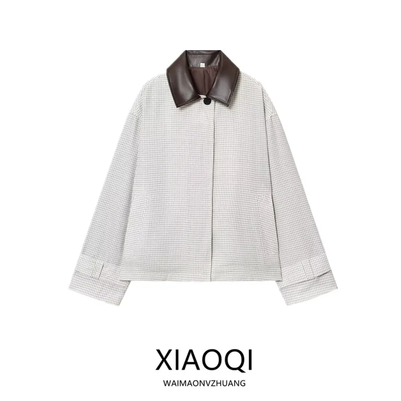 

Fall 2025 New Women's ort Leather Effect Collar Windbreaker Jaet Outerwear Faionable Commute Loose Fit Long Sve