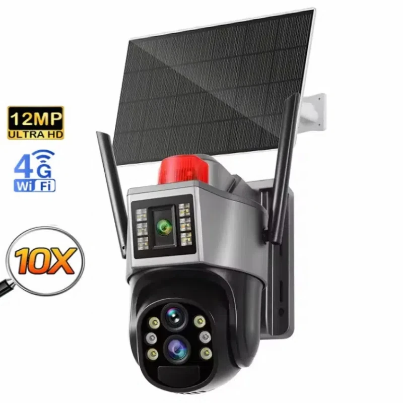 6MP Three Screen 10x Zoom 4G Wifi Dual Panel Outside Camera AI Humanoid Detection Color Night Vision Solar Cctv Camera
