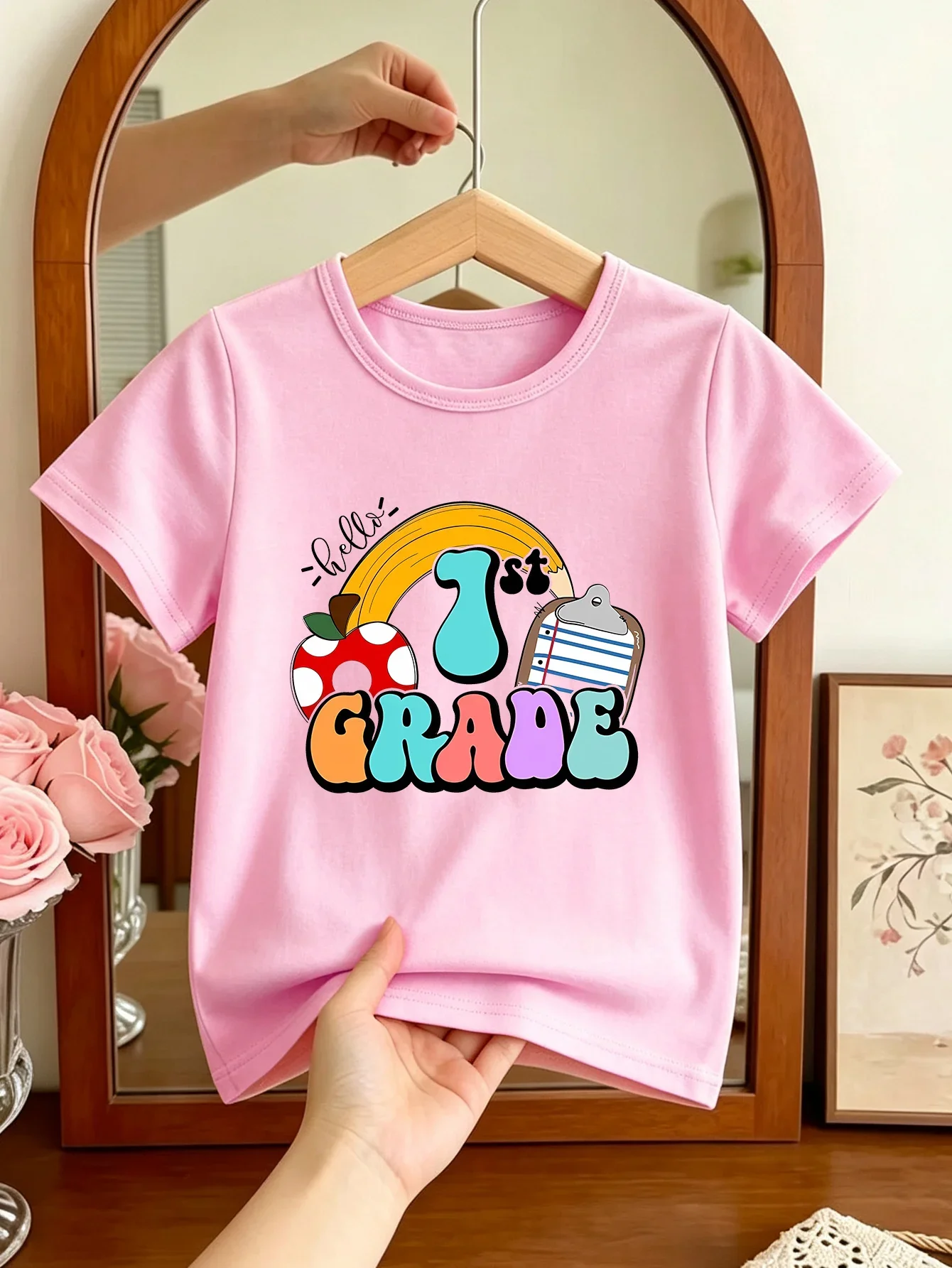 Boys Girls Hello 1st Grade Color Letter Graphic T Shirt Short Sleeve Cute School Element Pattern Children Daily Tops