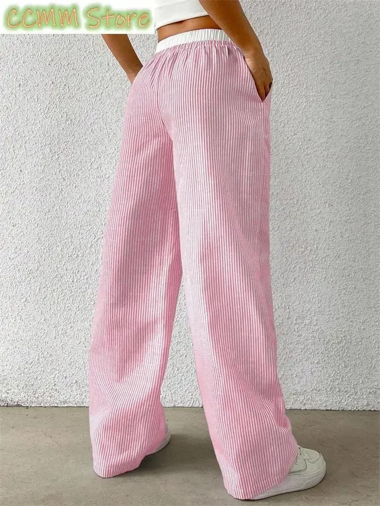 Women's Casual Striped Woven Wide Leg Pants Fall Winter Casual Stylish Full Length Trousers Clothes Streetwear