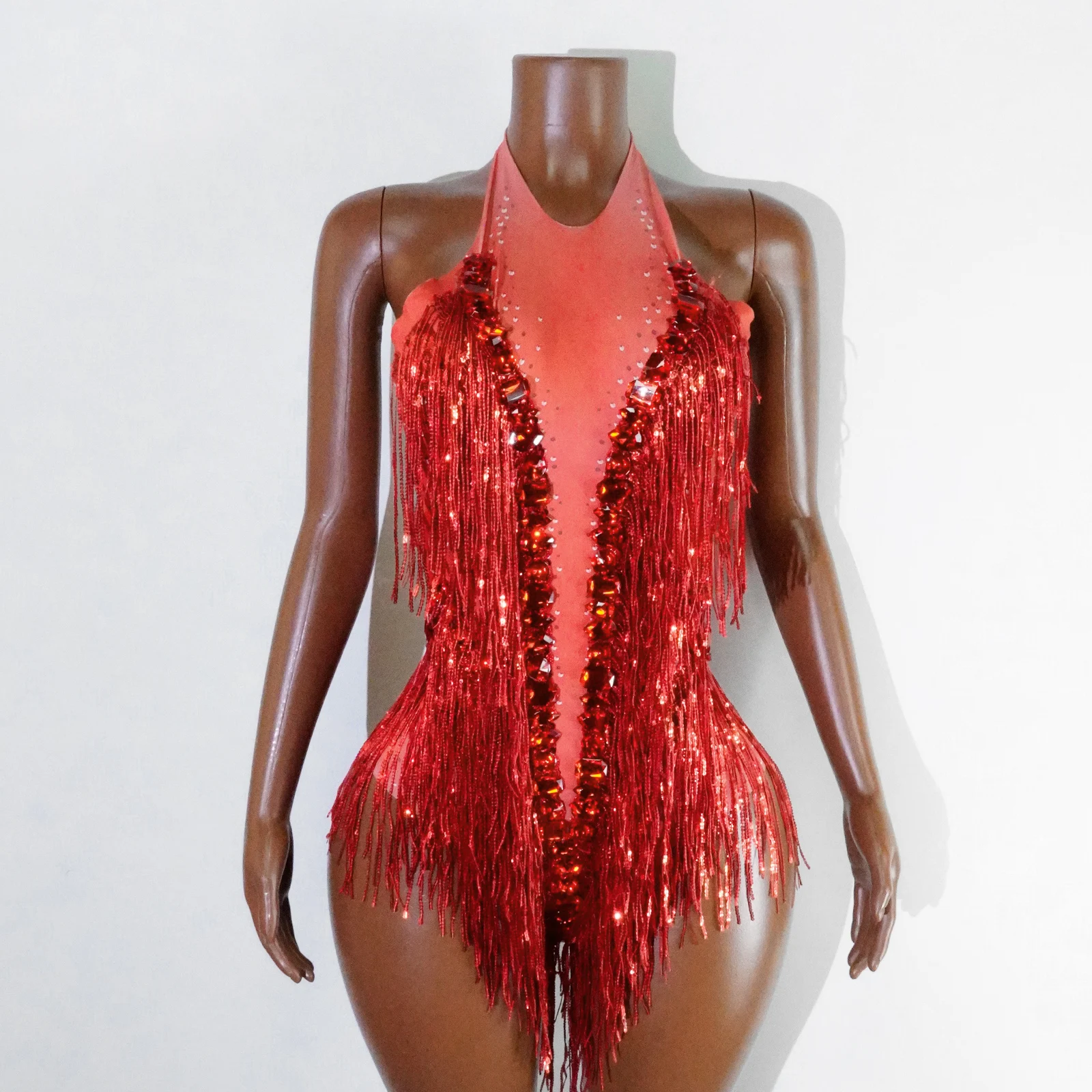 Sexy Crystal Sequin Fringes Leotard Tassel Bodysuit Women Pole Latin Dance Costume Club Stage Singer Dancer Ds Performance Show
