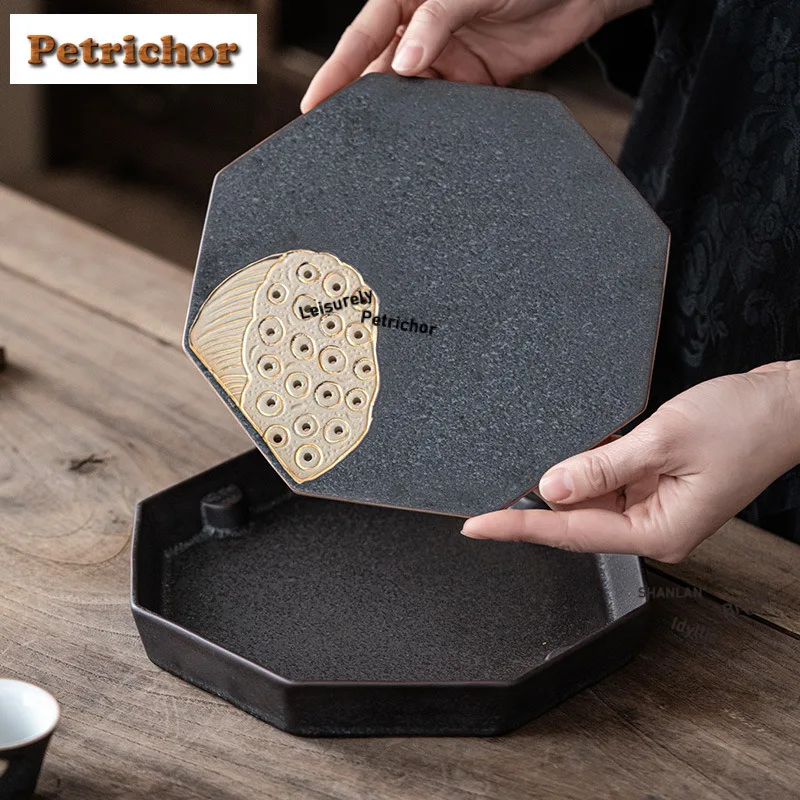 Gold Drawing Lotus Pod Octagon Tea Tray Dessert Candy Tray Coffee Storage Board Teapot Stove Insulation Dishes For Serving Cha