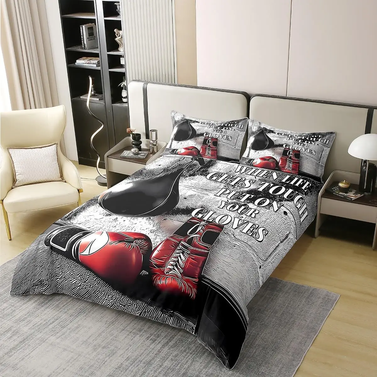 Boxing Bedding Set Double Red Black Boxing Gloves Duvet Cover Set 3pcs Motivational Quotes Sports Quilt Cover for Boys Men