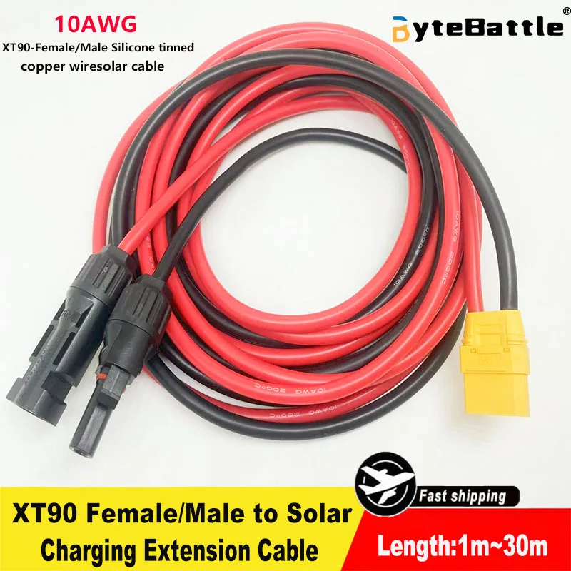 XT90 Female/Male to Solar Connector Extension Cable, Featuring 10 AWG Silicone-Sheathed Wire, Suitable for Portable Solar Power