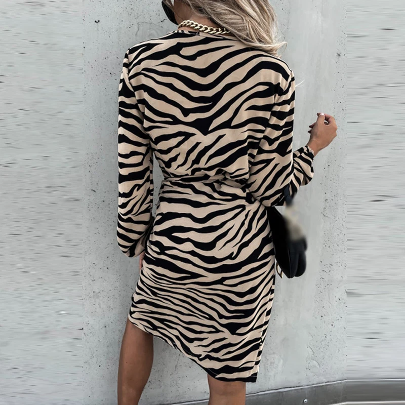 Women Elegant Ruffle Tie-Up A-line Dress Sexy Zebra Stripe Print Slim Fit Mini Dress Fall Fashion V Neck Long Sleeve Party Dress