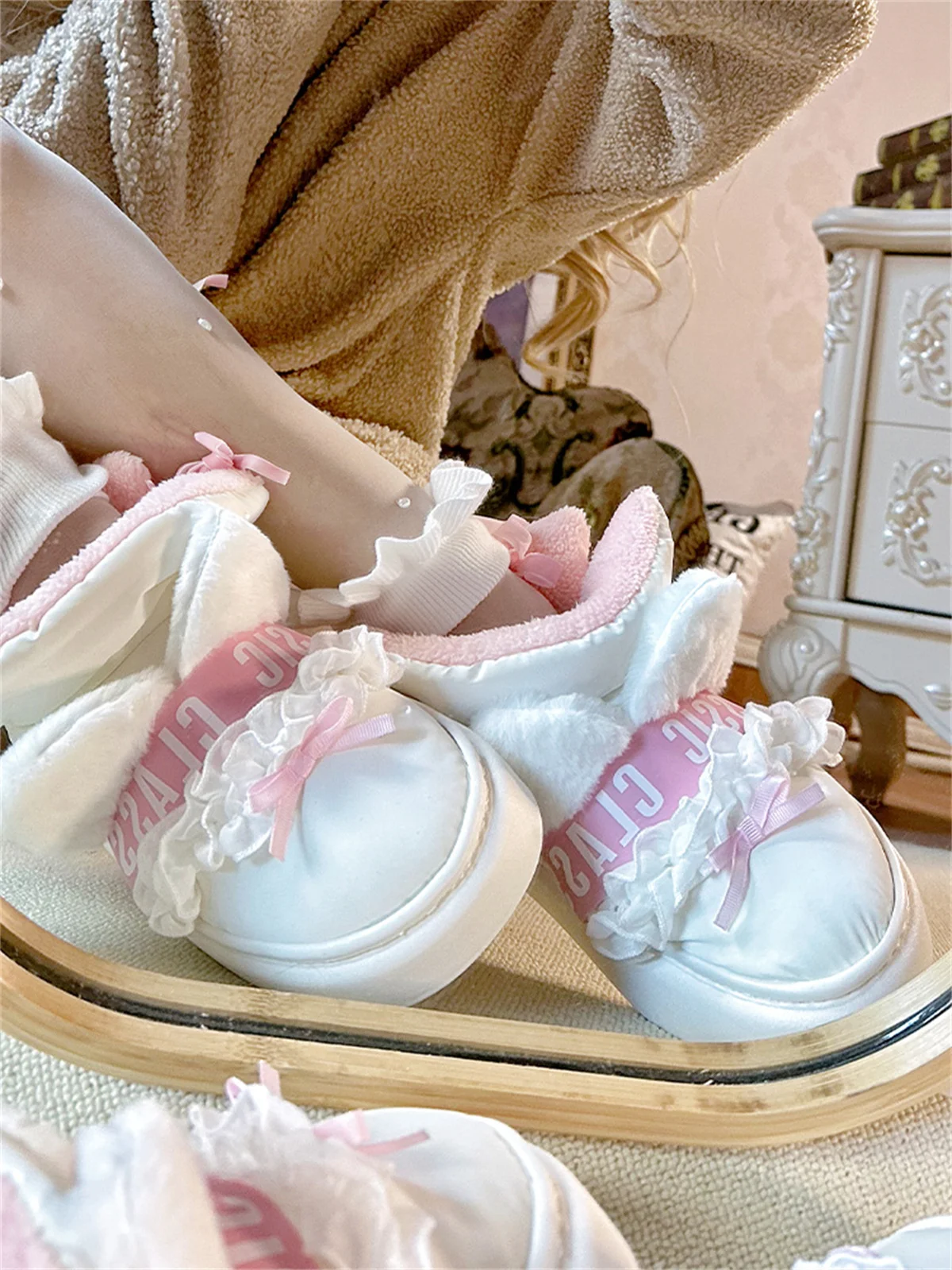 Japanese Sweet Style Lolita Kawaii Girls Cotton Shoes Winter  Warm  Round Head Comfortable Cute Cat Bowknot Lace 3cm Boots