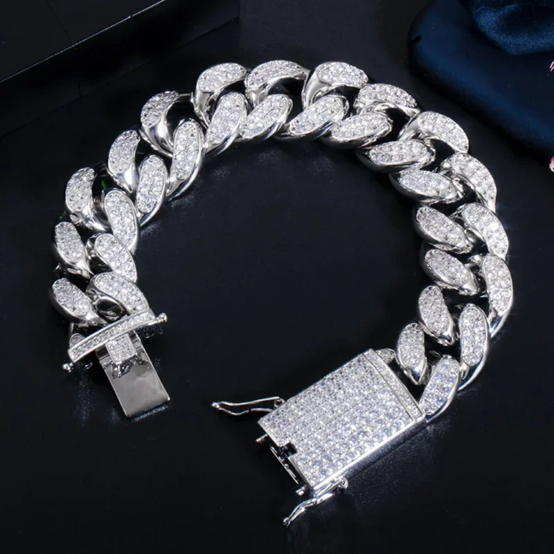 Pera High Quality Clear White Cubic Zirconia Hip Hop Cuban Silver Color Link Chunky Bracelet for Women Luxury Party Jewelry B128