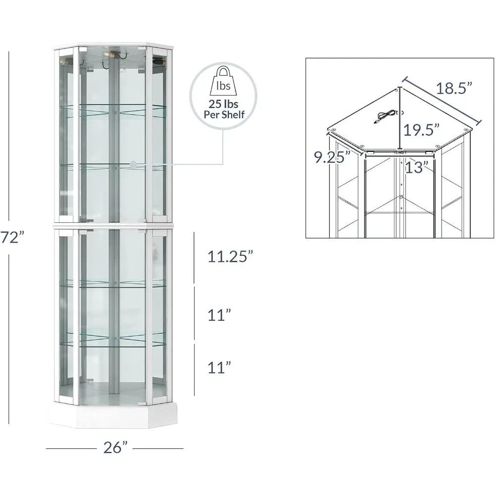 Bar Cabinet, with Tempered Glass Doors and Shelves, Curved Wood Corner Cabinet with Bulb, Corner  Bar Cabinet