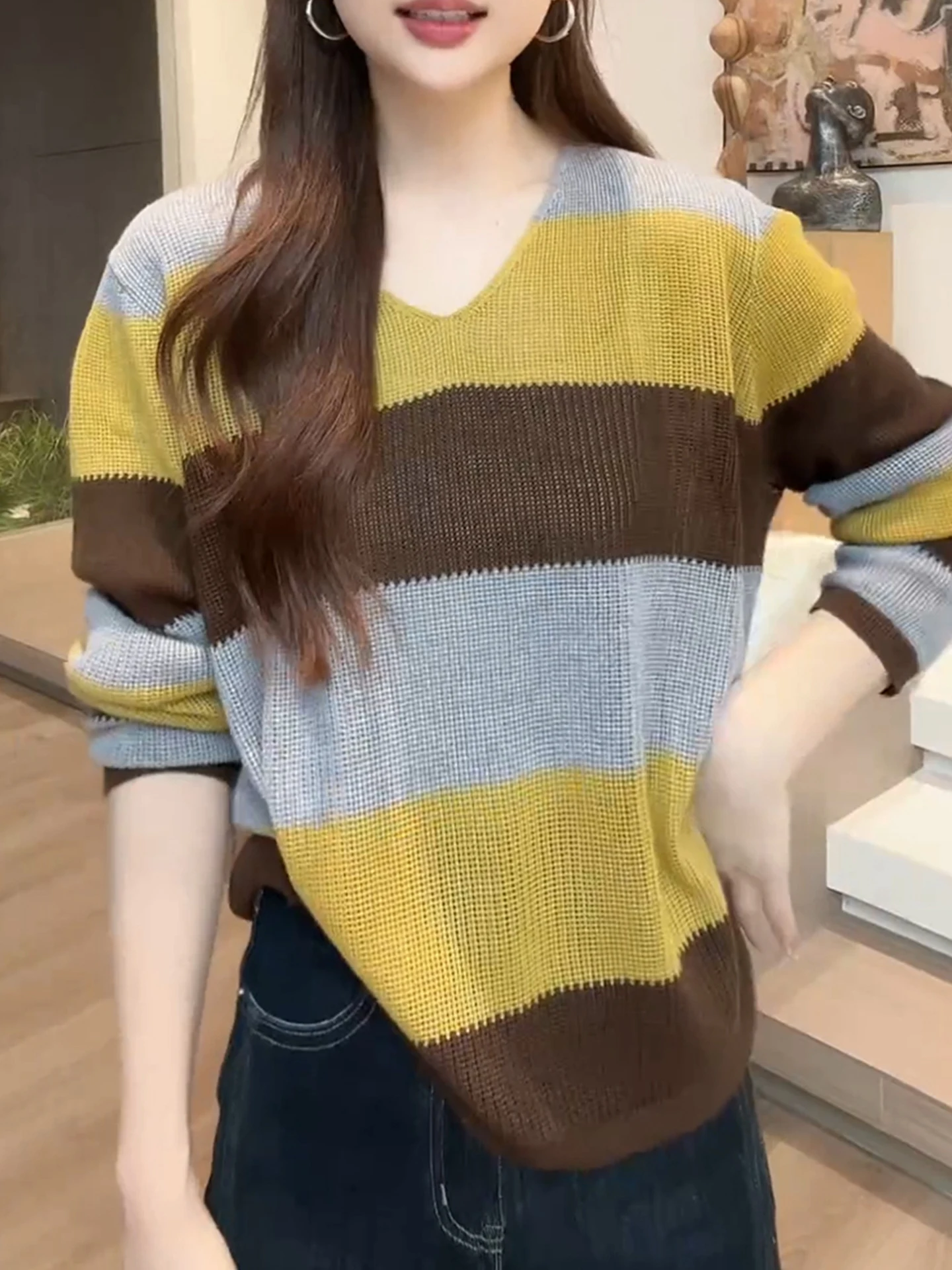 بلوفر صيفي فضفاض بأكمام طويلة بنمط كوري مريح ومخطط، مناسب للارتداء اليومي، أنيق وواسع