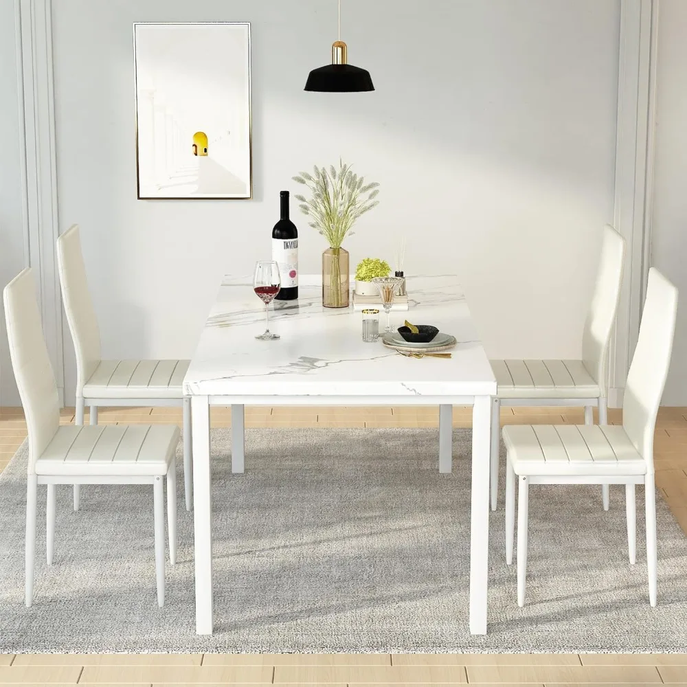 Dining Table Set for 4, Marble Kitchen Tables and Chair for 4, Comfortable PU Leather Chairs, Dinner Room Tables Set