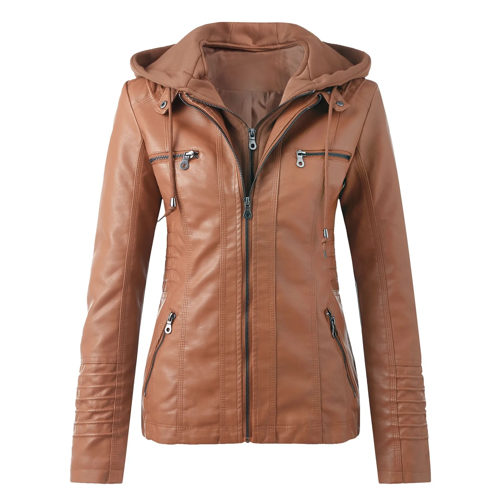 Veste de motard en cuir PU pour femme, manteau à capuche zippé, coupe couvertes, manches longues en Y, Streetwear, automne, hiver