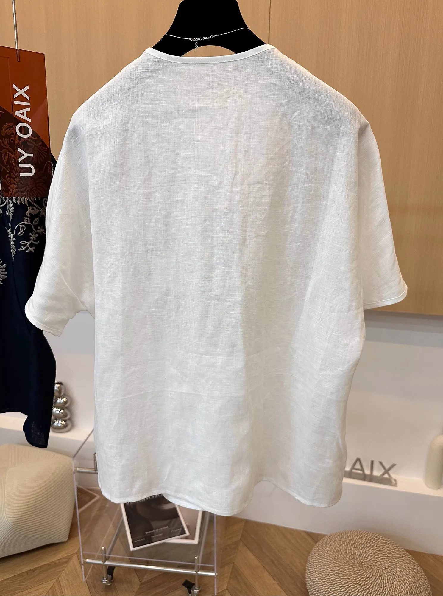 

New Chinese Sle Embroidered ort Sve irt Summer 2025 Flax Anti-Aging round Ne Women's irt Cotton 90% Linen 0%