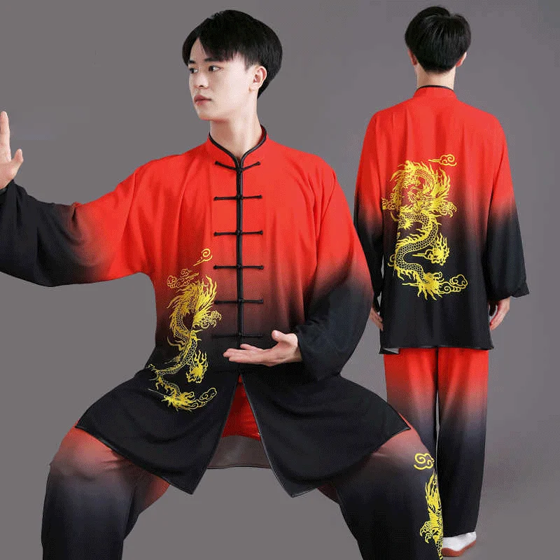 Jingyi Tai Chi Clothing Women's Spring and Summer New High-end Gradient Golden Dragon Print Tai Chi Practice Clothes Men's Marti