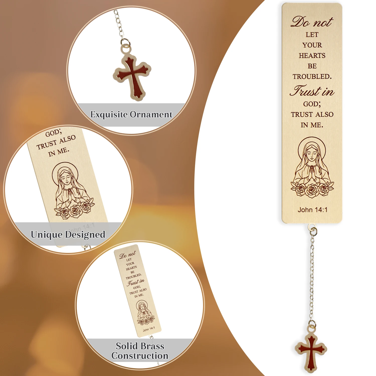 Virgin Mary Brass Bookmark, Religious Book Mark with Cross Chain, Inspirational Faith Gift for Women view 6
