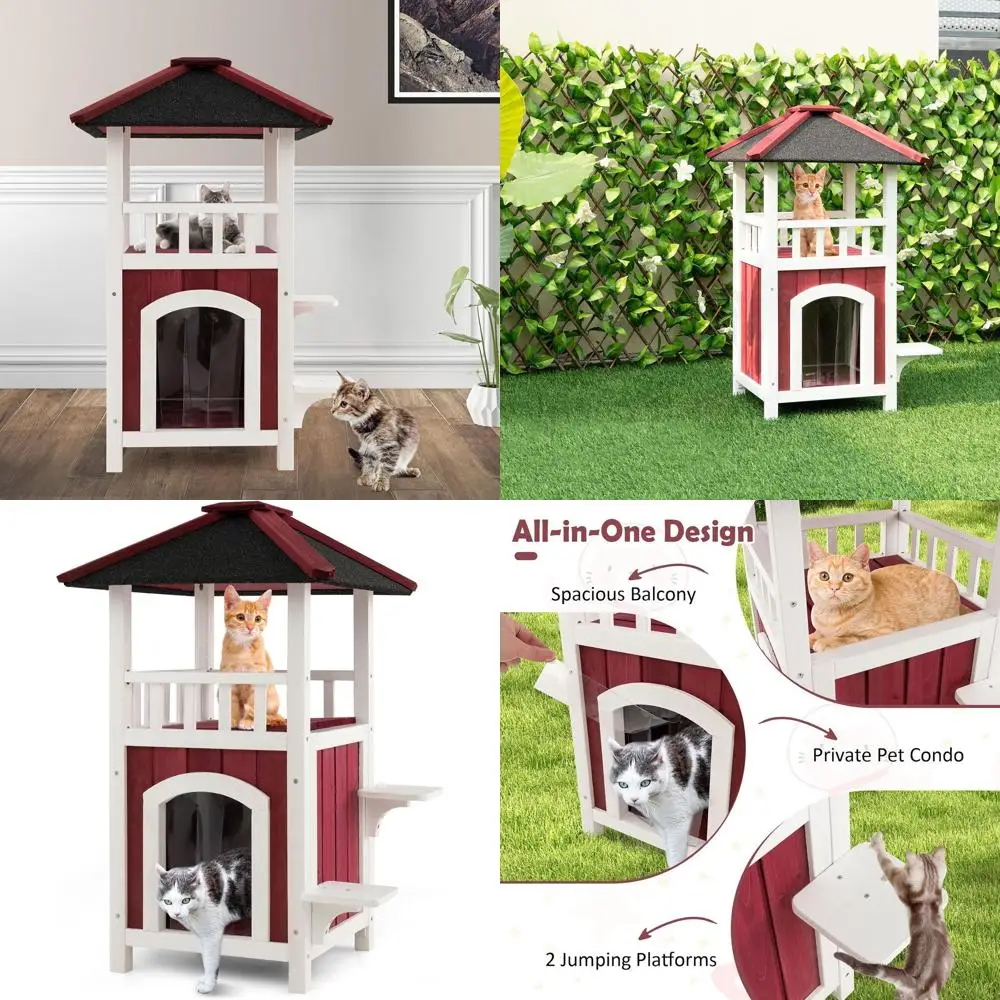 

Двухэтажный деревянный домик для кошек с асфальтовой крышей, балконом, дождезащитной шторой, площадками для прыжков и съемным дном для маленьких и средних кошек