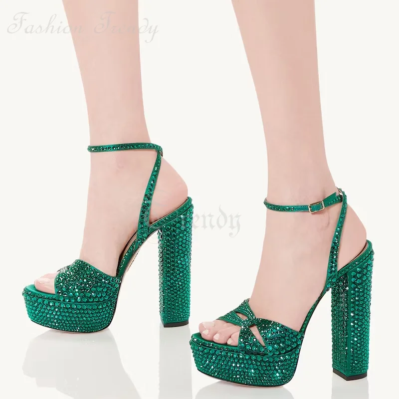 Light Skin Tone Crystal Chunky Heels Women Open Sandal Green Suede Silver Sequined Pump Square Light Buckle Elegant Wedding Shoe