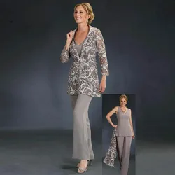 Elegant Long Sleeves Lace Mother Of The Bride Pant Suits With Jackets V Neck Wedding Chiffon Mother of Groom Dresses