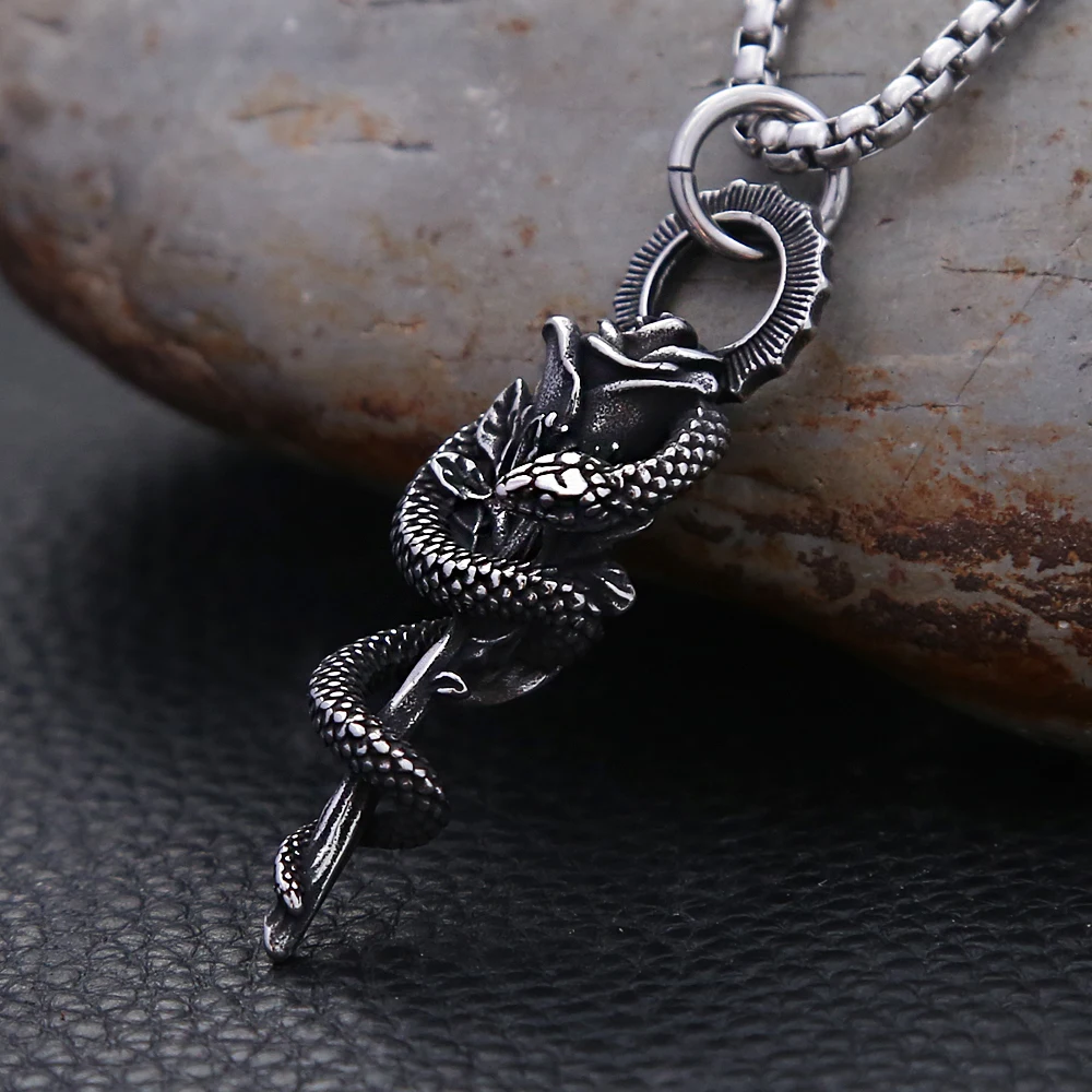 

Punk Snake Pendant Necklace Stainless Steel Vintage Rose Necklace For Men Unique Fashion Amulet Jewelry Gifts Dropshipping