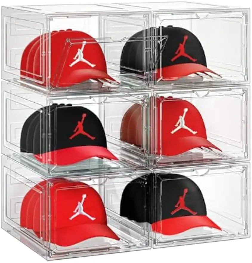 

6 Pack Clear Stackable Hat Organizer Box with Magnetic Door, Holds 8 Caps Each for Storage and Display