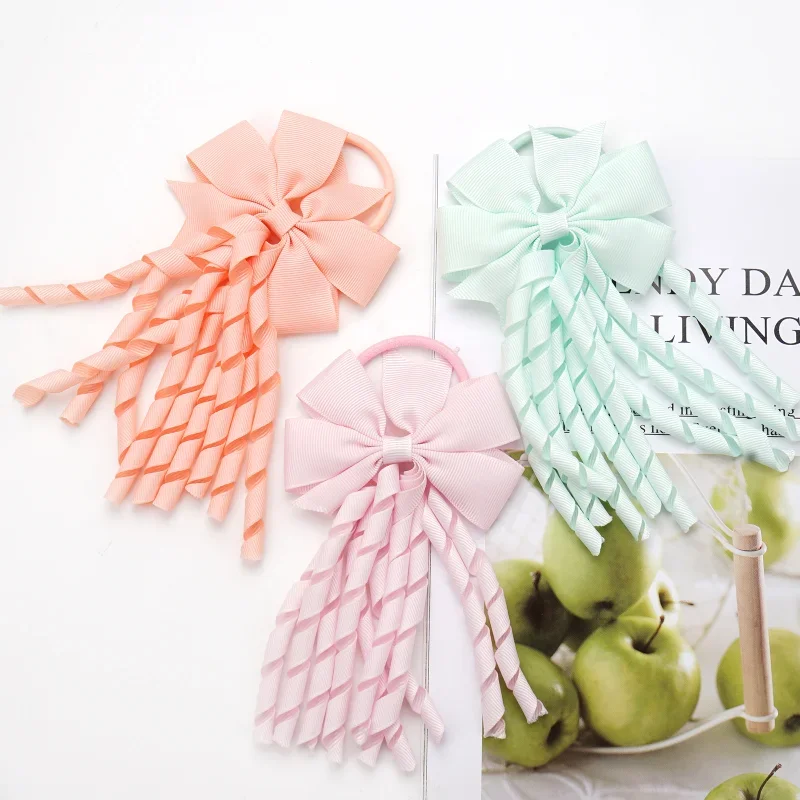 

New Baby Girls Ribbon Curly Hair Bow Ties Elastic Hair Bands Kids Ponytail Holder Bowknot Jewelry Headwear Accessories
