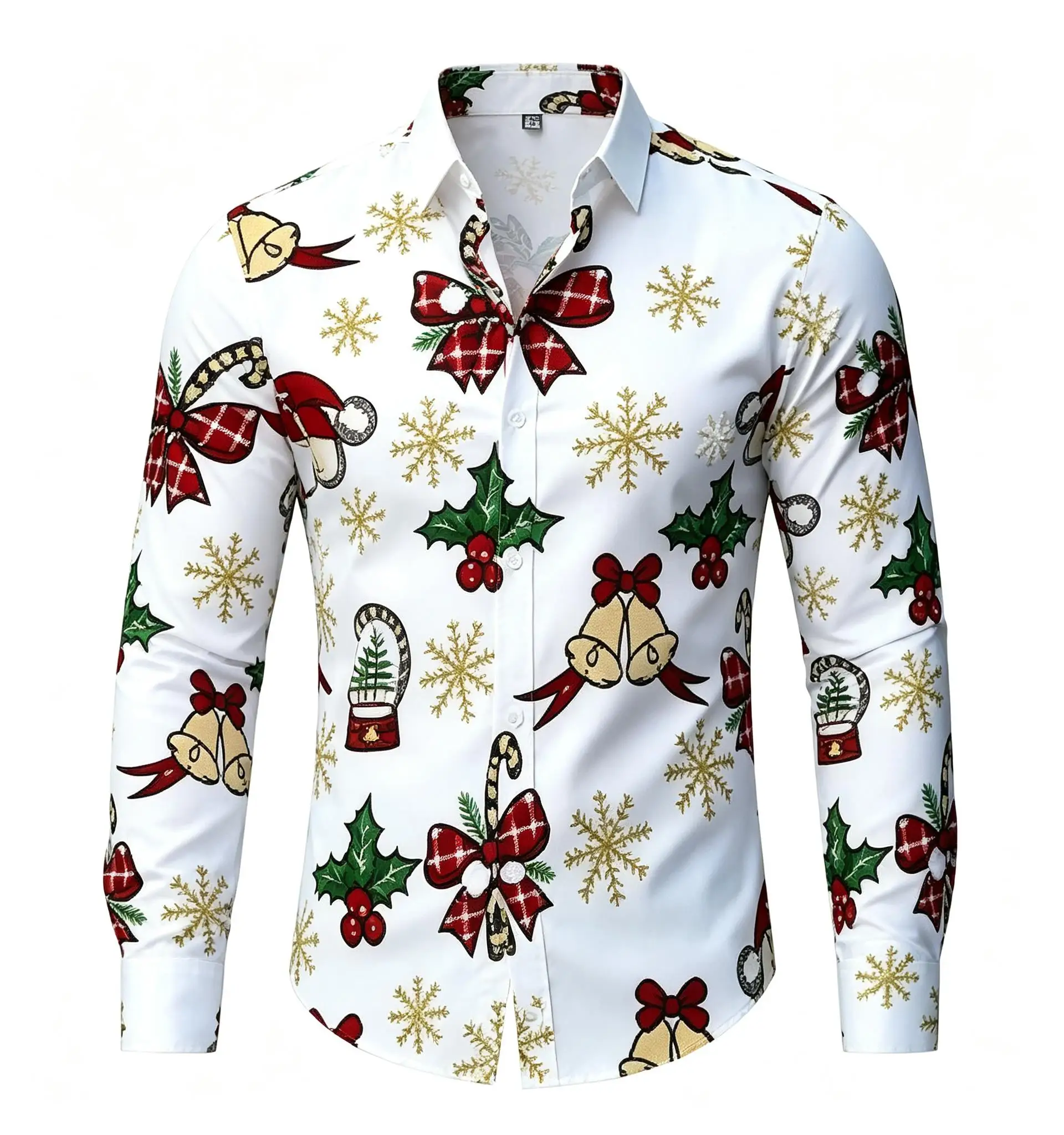 Men Long Sleeve Christmas Shirt White Bells Bow Snowflake Holly Full Print Button Down Holiday