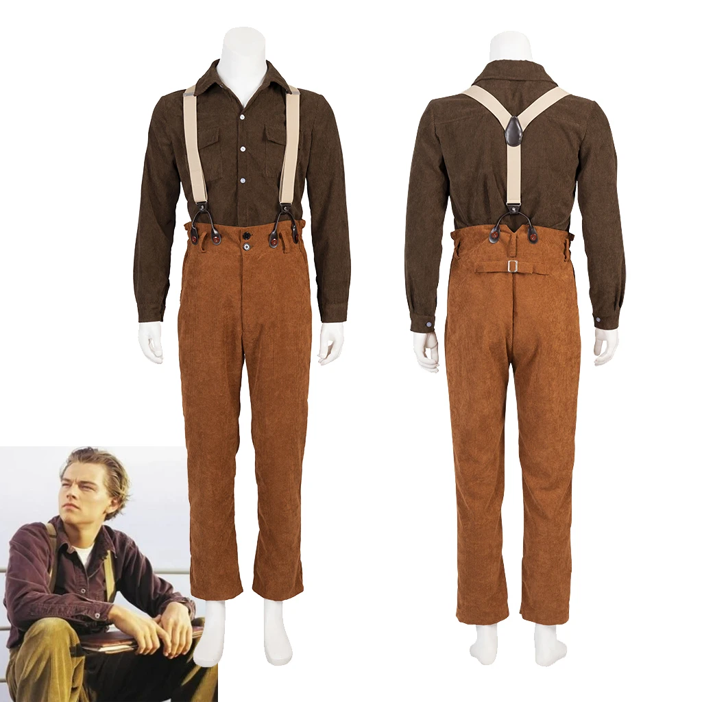 Movie Titanic Cosplay Jack Cosplay Brown Shirt Overalls Leonardo Dicaprio Cosplay Halloween Party Costume Suit