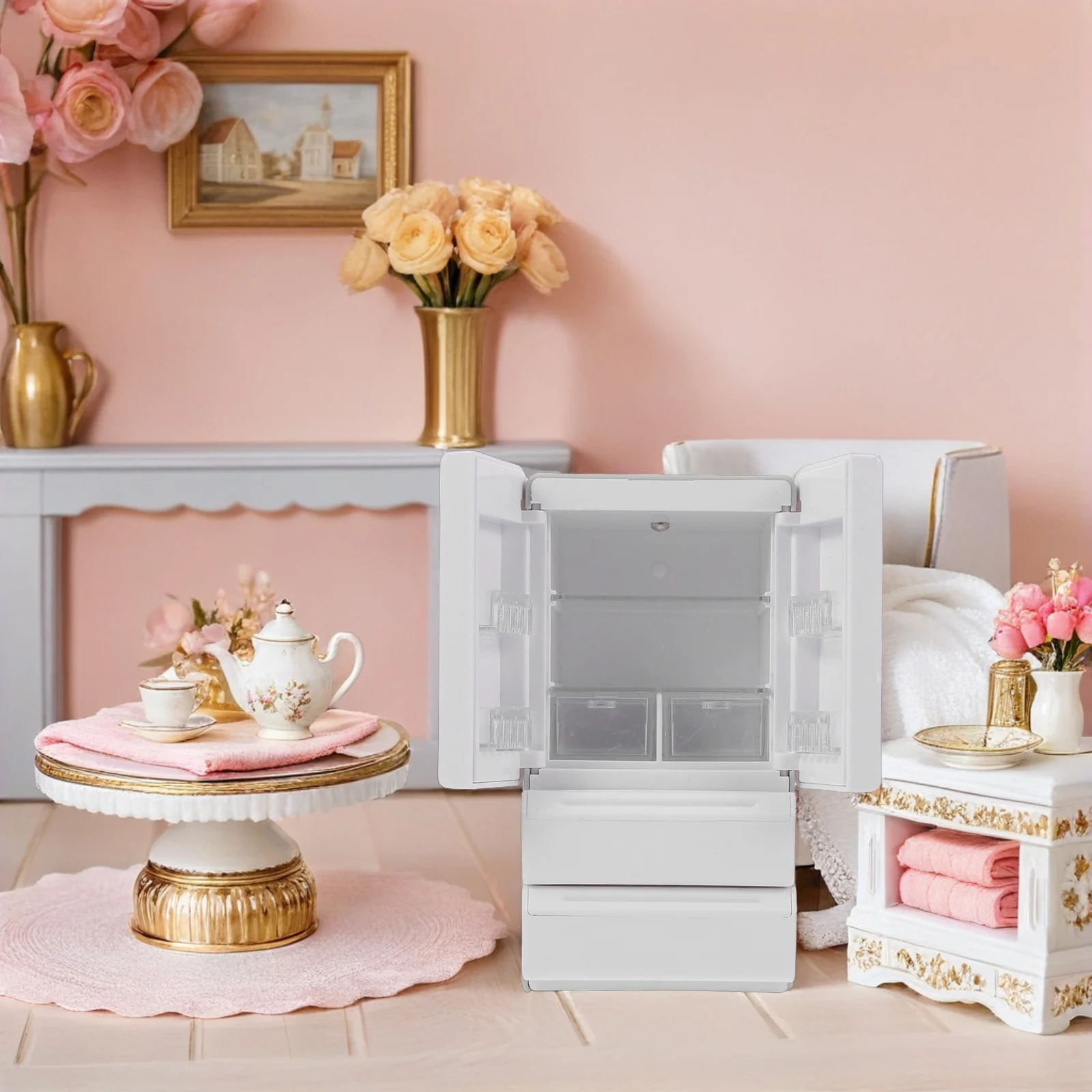 Maison de poupée Miniature réfrigérateur blanc Double porte Mini réfrigérateur éclairage semblant jouer cuisine réfrigérateur stockage pour les enfants