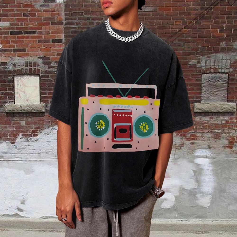 

Y2K Clothes Retro Radio T-shirt 100% Cotton High Quality Oversize Washed T-shirt Vintage Nostalgic Vibe Trendy Vintage Unisex